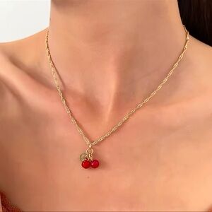 Anthropologie Petite Cherry Red Gold Necklace
